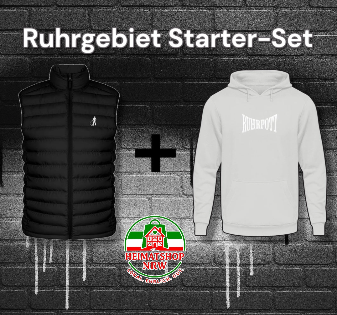 Ruhrgebiet Bekleidung Weste und Pullover mit Warmwalzer Figur und Ruhrpott Aufschrift 
