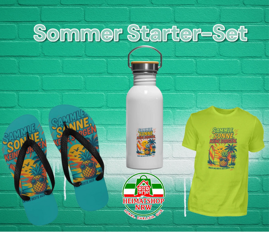 Sommer Kleidung, Sommer Trinkflasche und Flip Flops mit Sommer Aufdruck 
